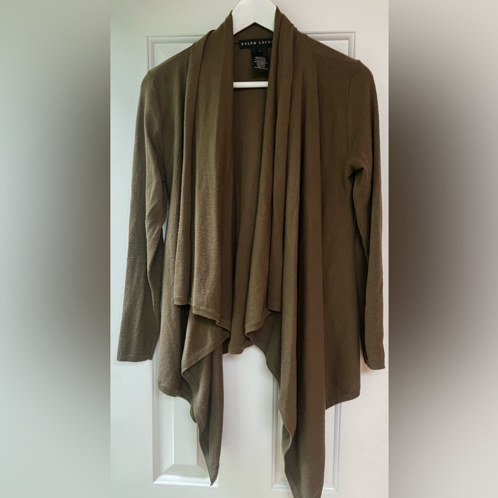 Ralph Lauren Brown 100% Merino Wool Cardigan Sweater Asymmetrical Waterfall.